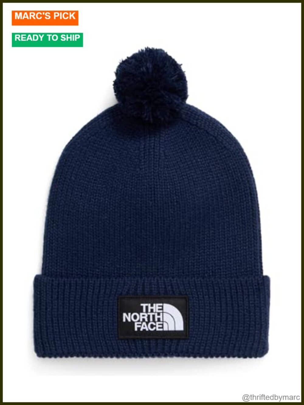 TNF Logo Box Pom Beanie Cuffed Winter Hat Recycled Polyester Rib Knit